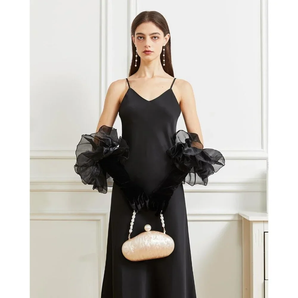 Women's Velvet Black 50cm Satin Tulle  Puff Long Gloves Banquet Wedding Party